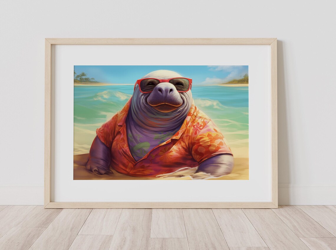 Whimsical Manatee Beach Sea Cow In Shades Art Print