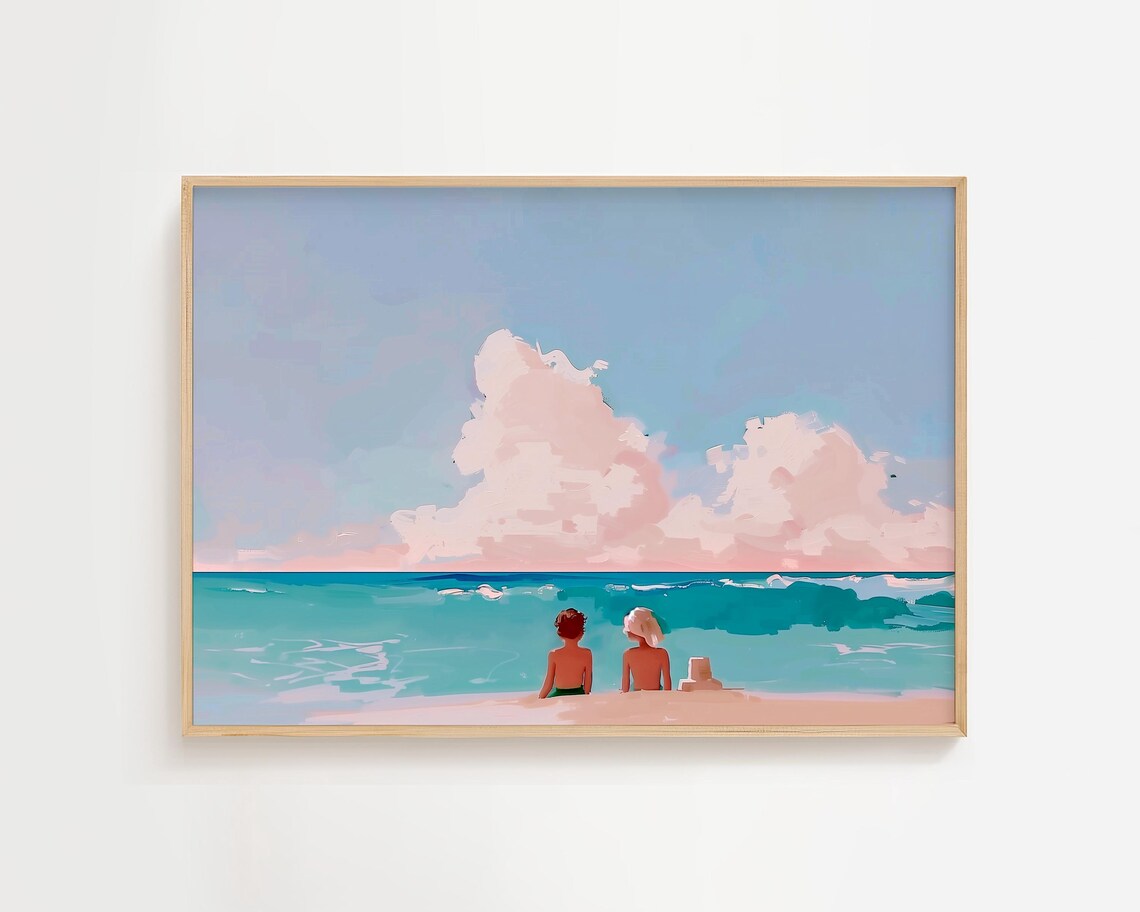 Two Kids on Beach Facing Turquoise Sea Pink Clouds Summer Poster