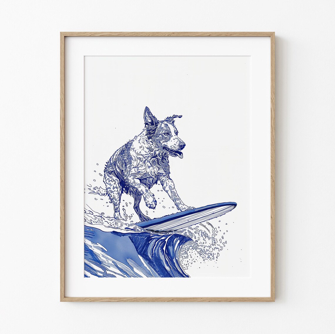 Australian Cattle Dog Surfing Blue Ink Sketch Beach Coastal Poster
