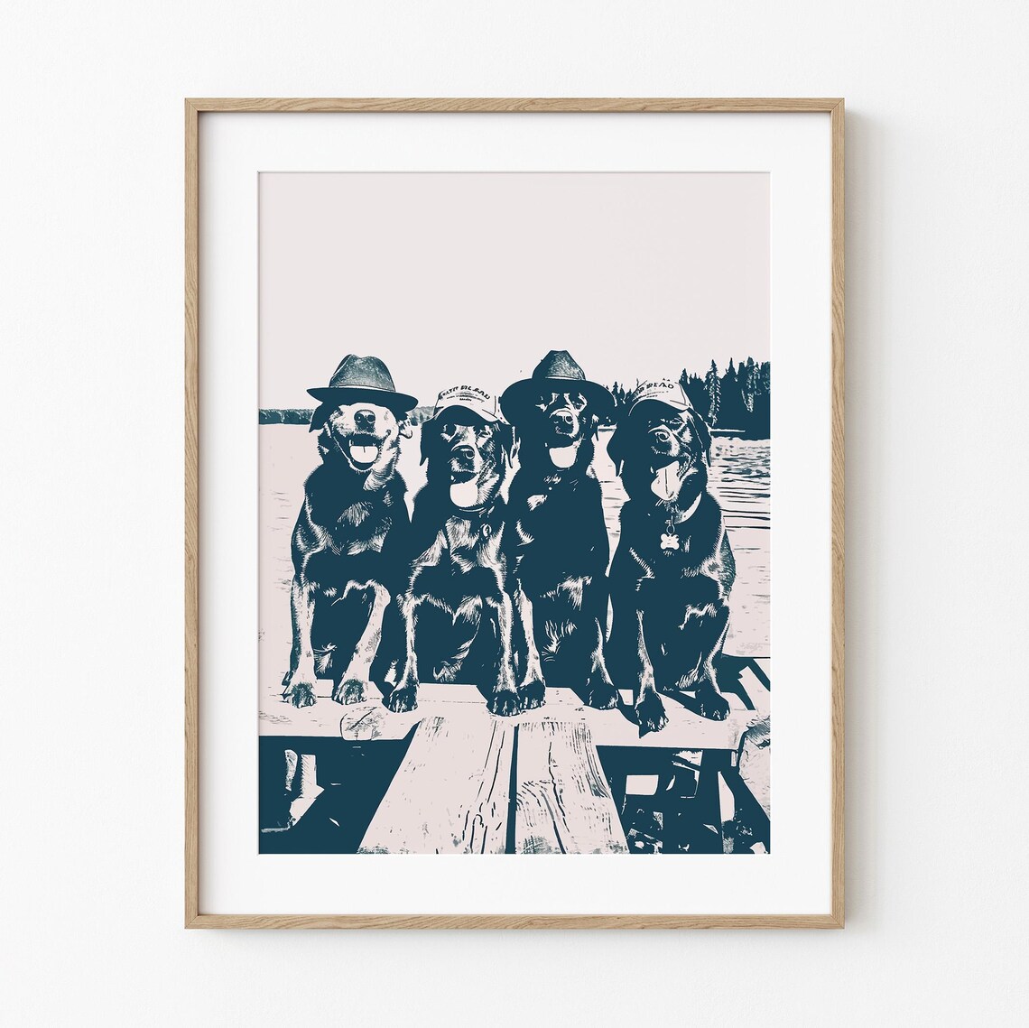 Four Labradors Wearing Hats Funny Navy Dogs on Dock Art Poster