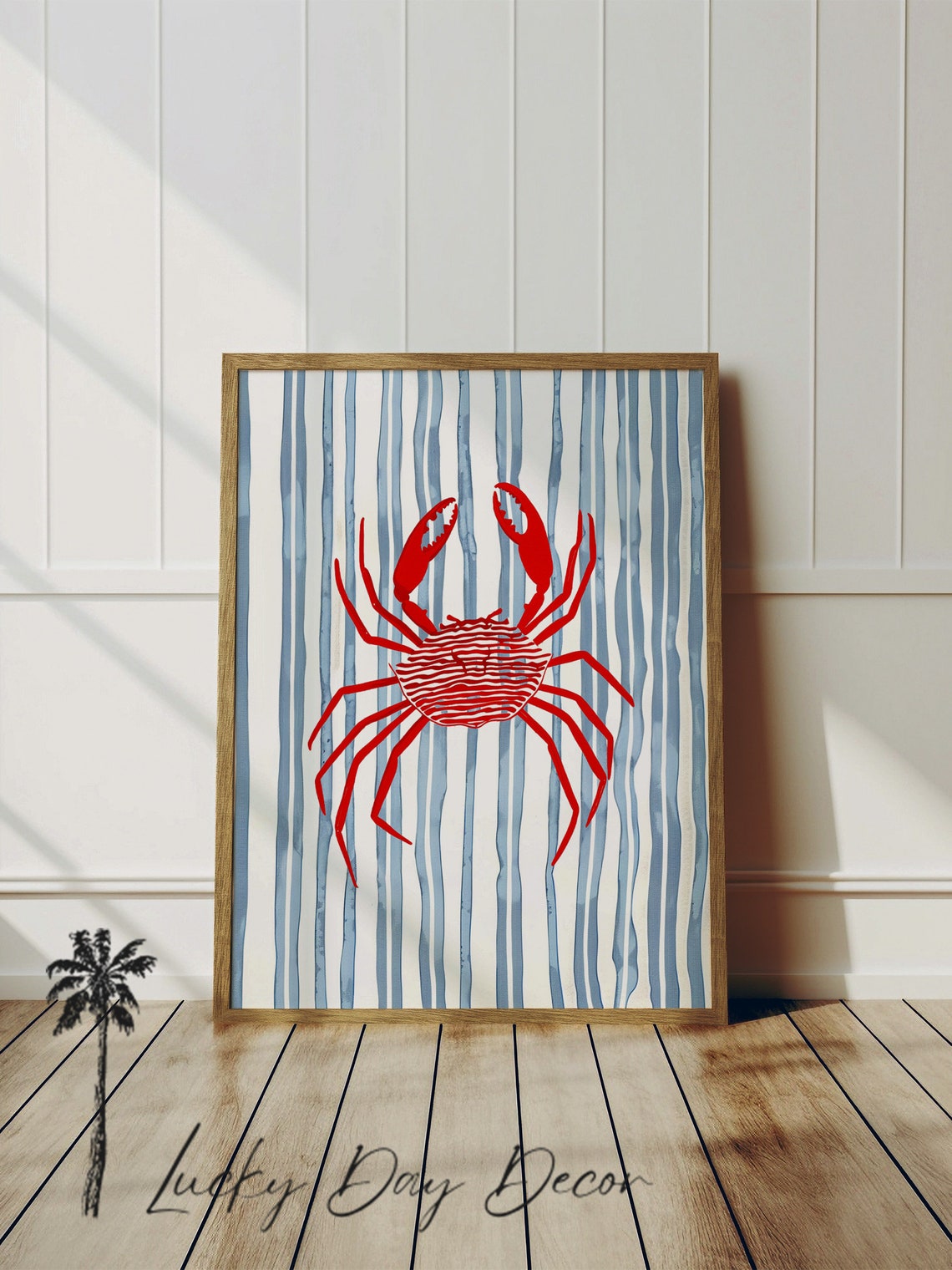 Coastal Blue Red Crab Print Sea Life Bathroom Nursery Wall Art Minimalist Beach Decor Ocean Inspired