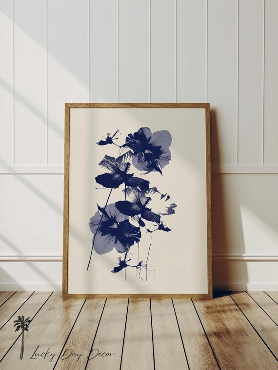 Blue Coastal Flower Poster Vintage Botanical Ocean Bloom Art