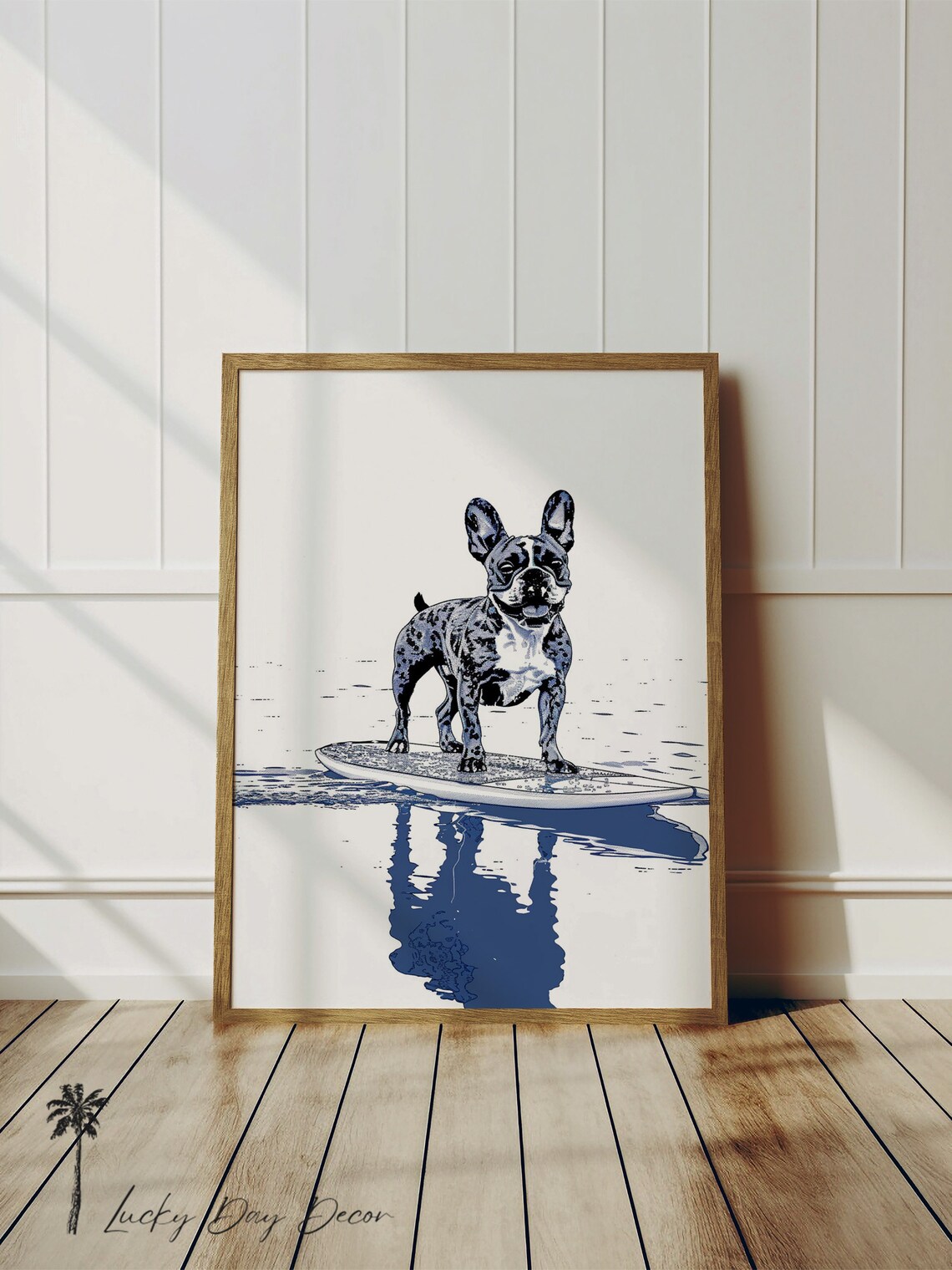 French Bulldog Paddleboard Surf Blue Ink Beach Dog Art Poster