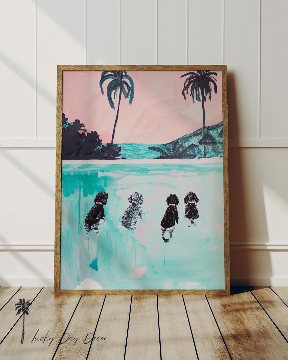 Four Puppies Swimming in Turquoise Pool Pink Sky Playful Art Poster