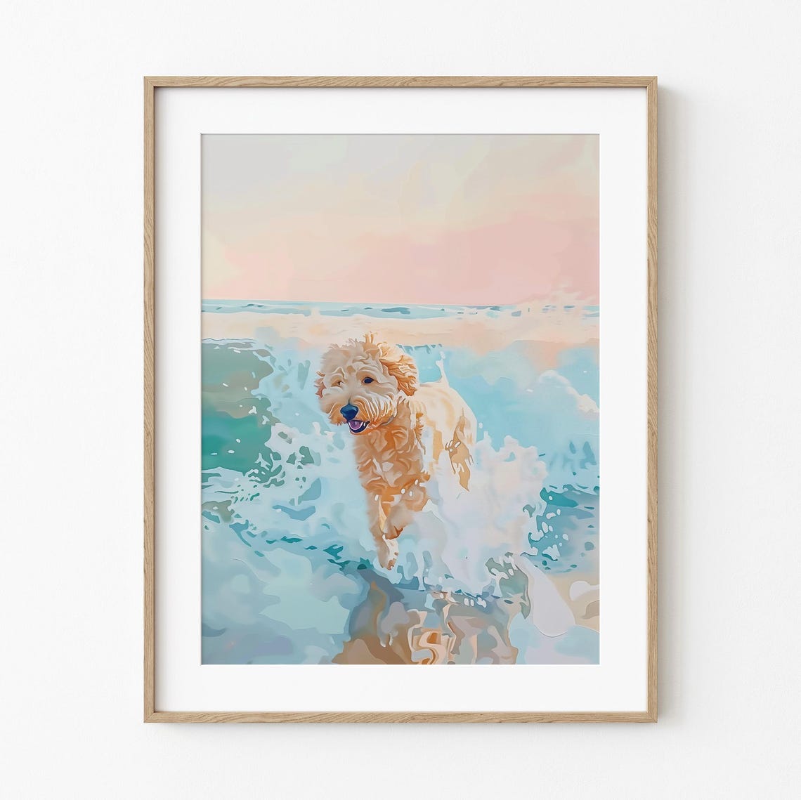 Smiling Goldendoodle Splashing In Sunset Ocean Waves Dog Poster