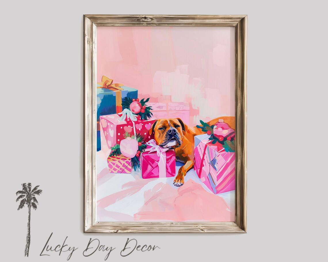 Christmas Pastel Boxer Dog Sleeping On Presents, Art Print