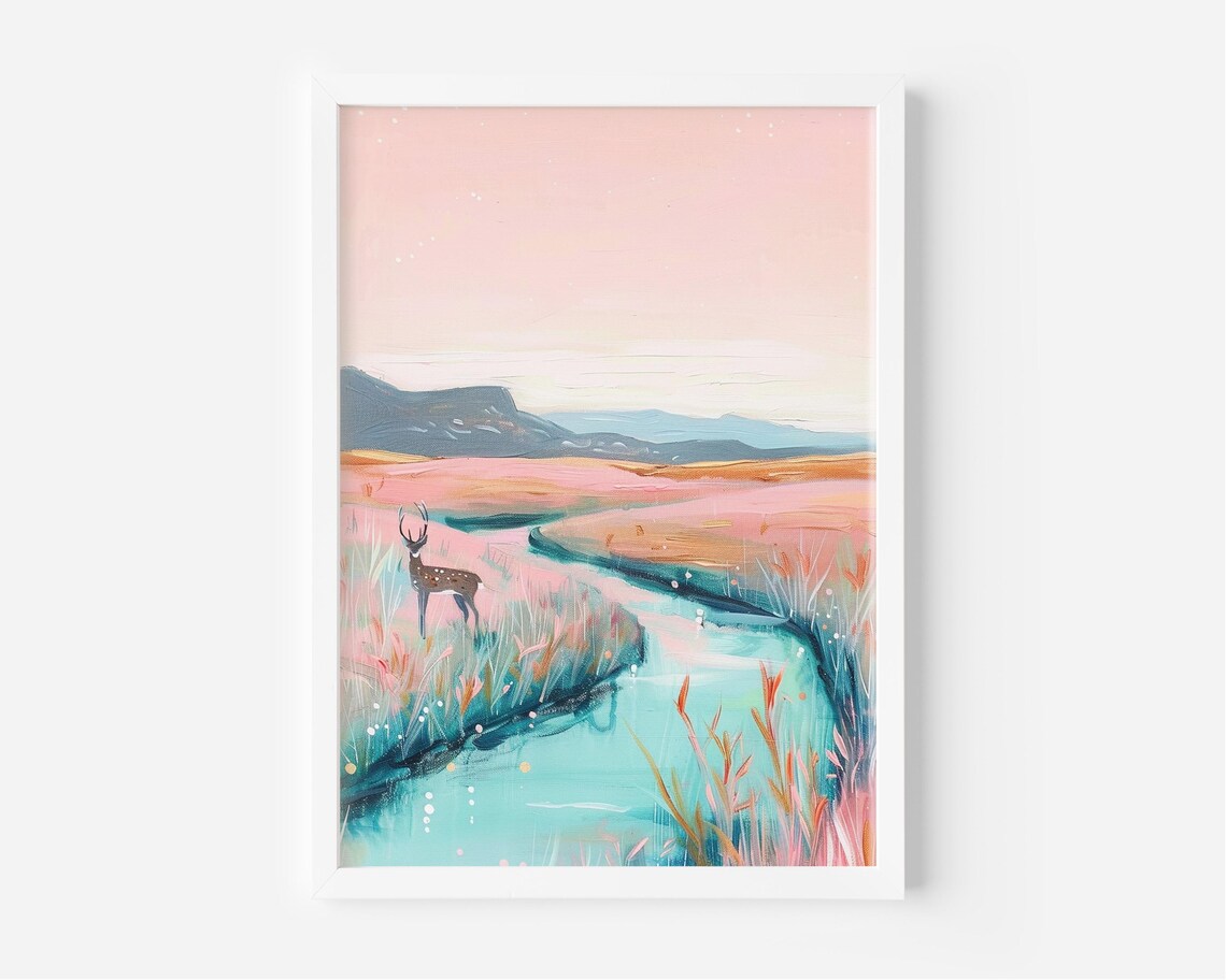 Pastel Deer by River Abstract Pink Landscape Wildlife Art Poster
