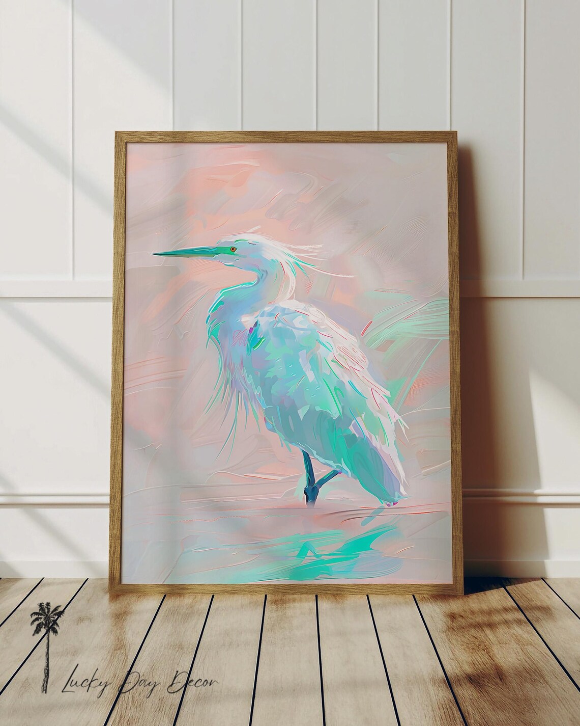 Pastel Heron Coastal Bird Painting Blush Pink Ocean Art Poster