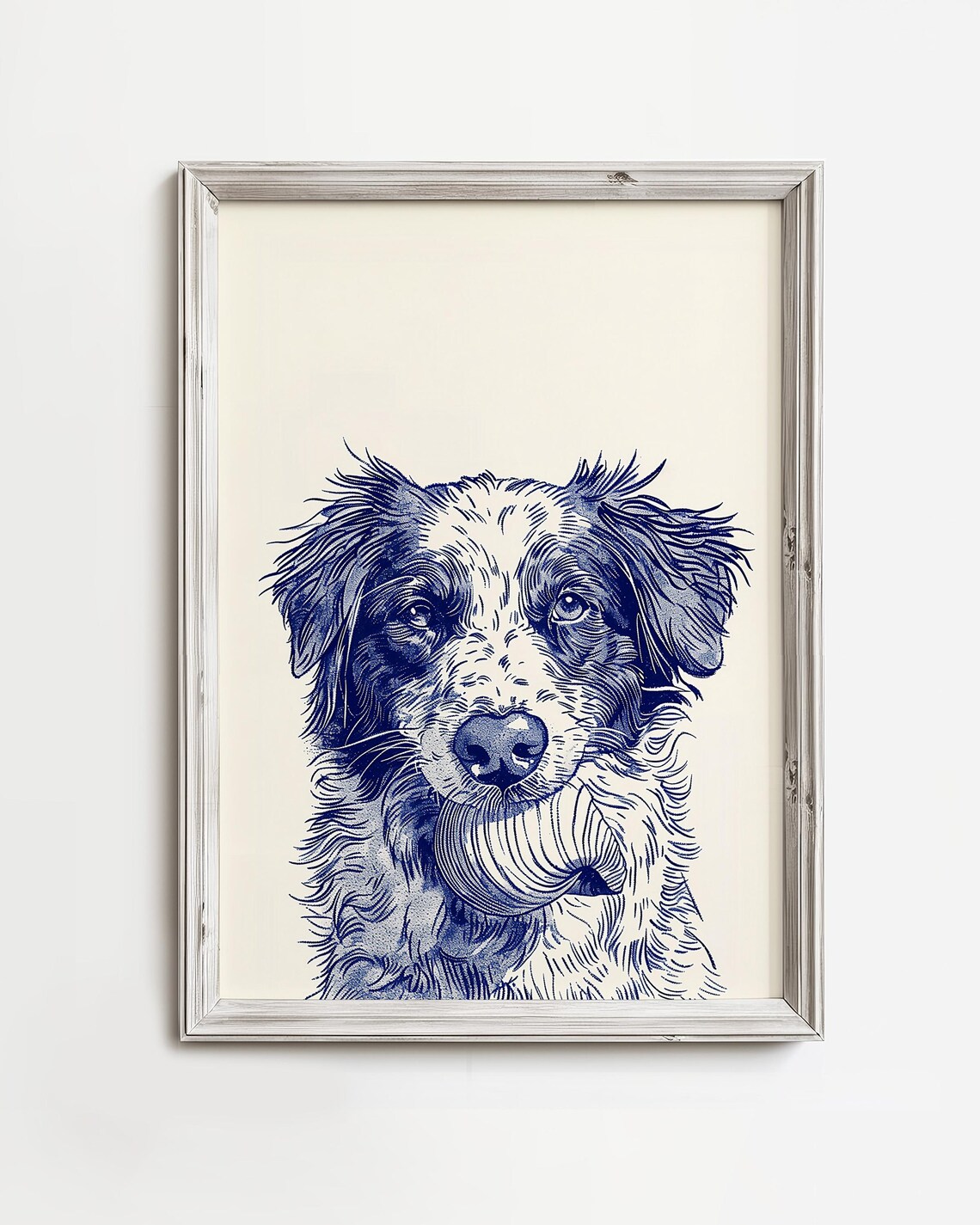 Australian Shepherd Ball Navy Ink Coastal Dog Portrait Art Poster