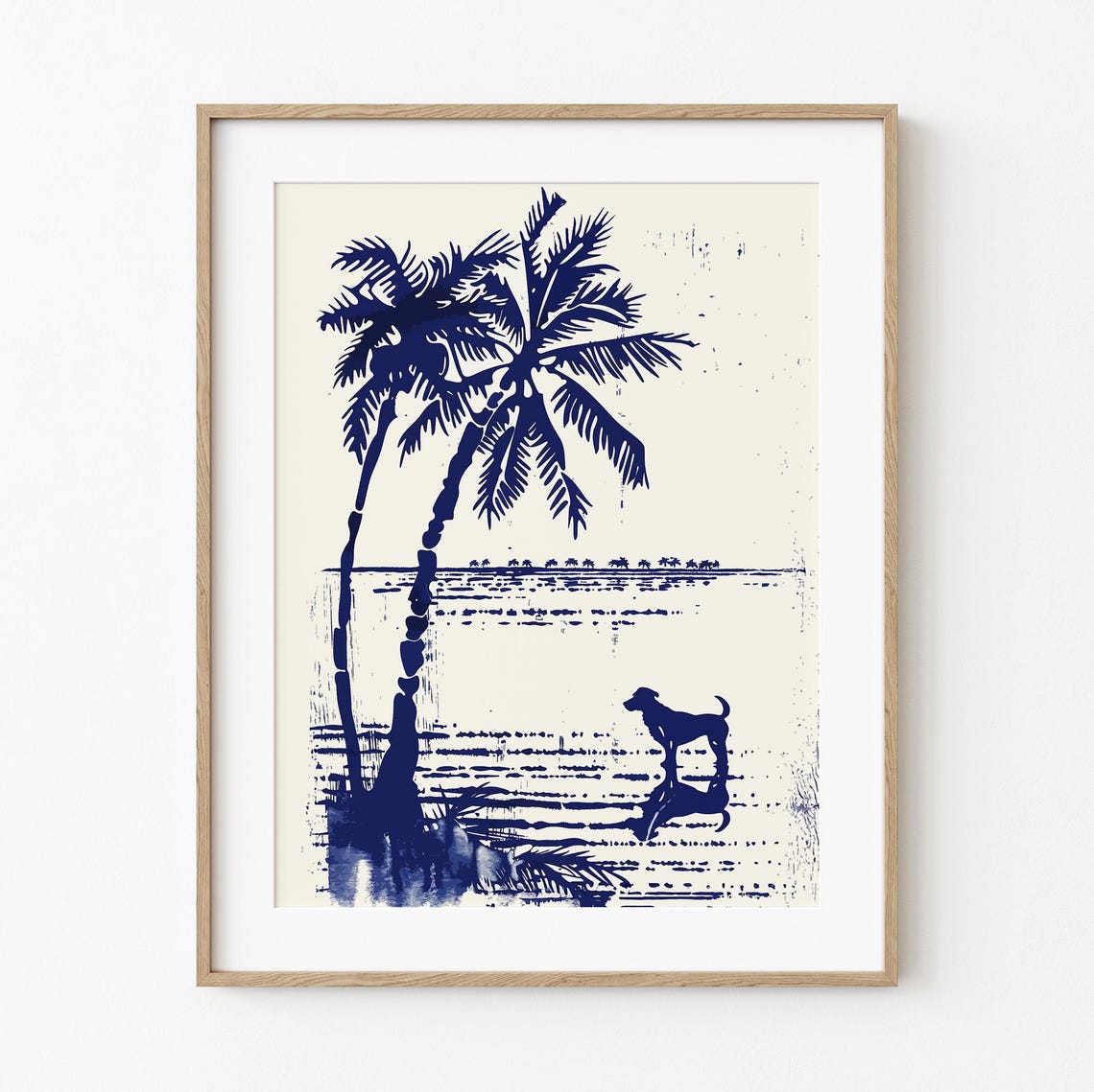 Navy Palm Tree Beach With Dog Minimalist Ink Coastal Art Poster