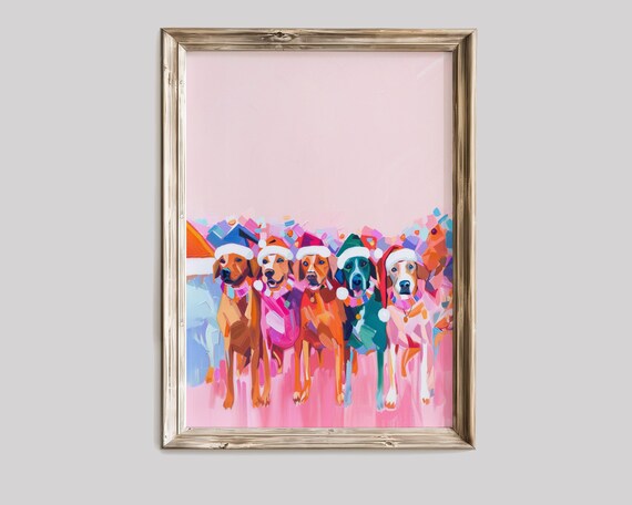 Five Happy Dogs in Santa Hats Pink Christmas Holiday Dog Poster