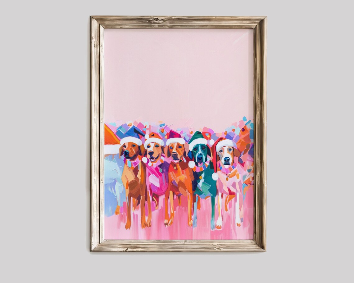 Five Happy Dogs in Santa Hats Pink Christmas Holiday Dog Poster