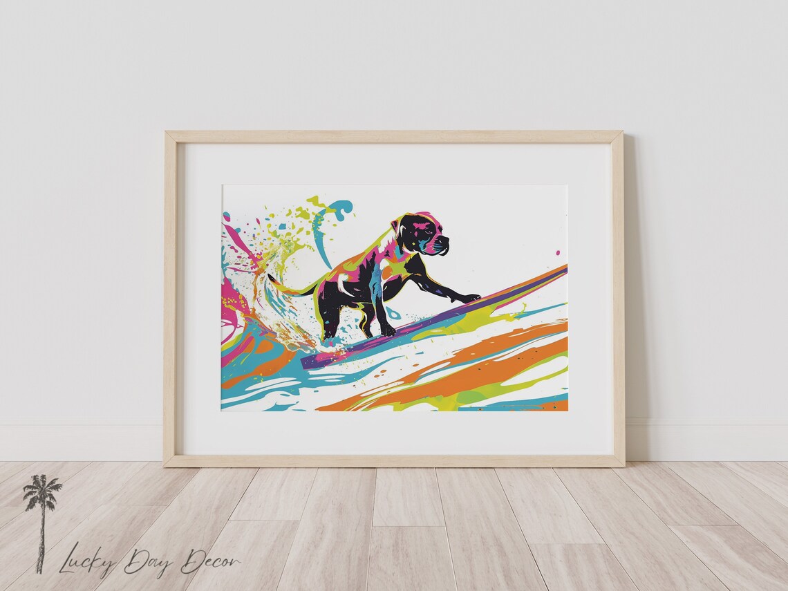 Dog Surfing Colorful Wave Pop Art Surfer Puppy Surfboard Poster