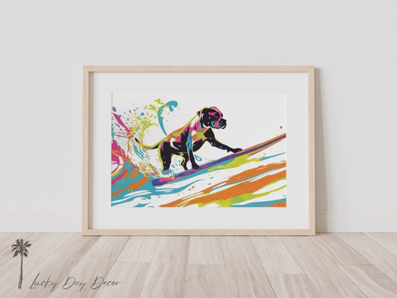 Dog Surfing Ocean Waves Fun Delightful Art Colorful Canine On Surfboard Happy Illustration