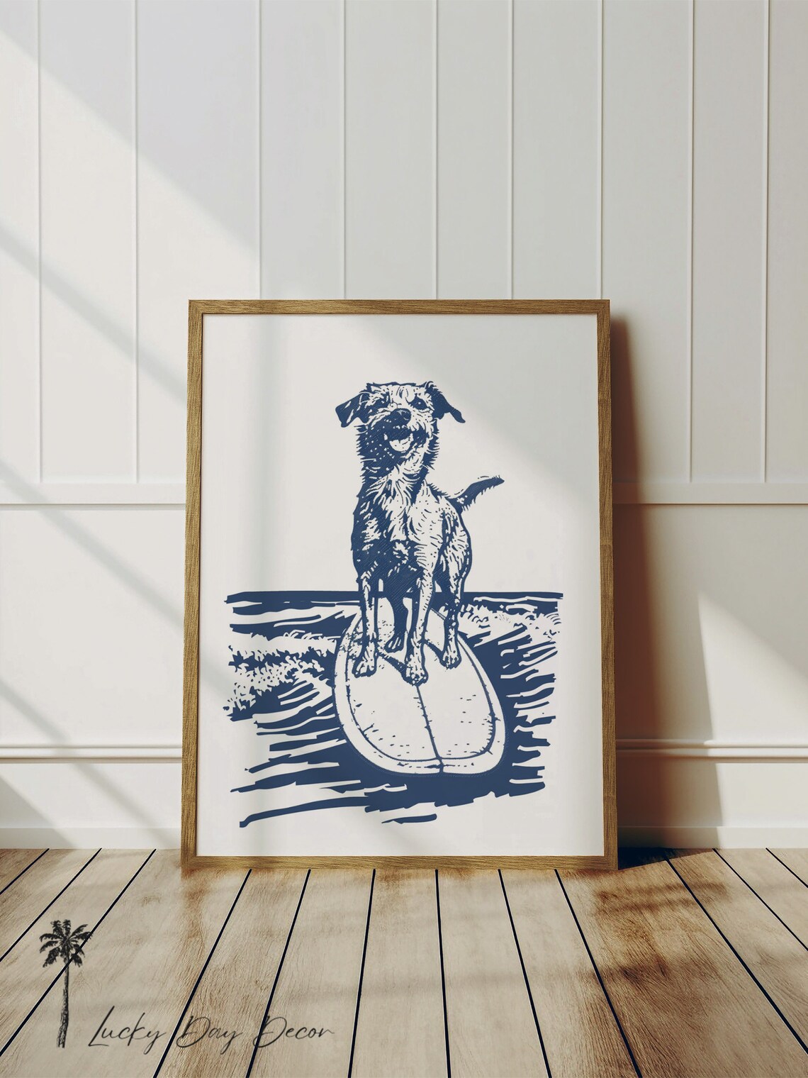 Scruffy Happy Dog Riding Surfboard Navy Ink Illustration Coastal Fun Poster