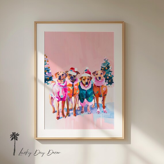 Christmas Pastel Dogs In Festive Coats, Art Print