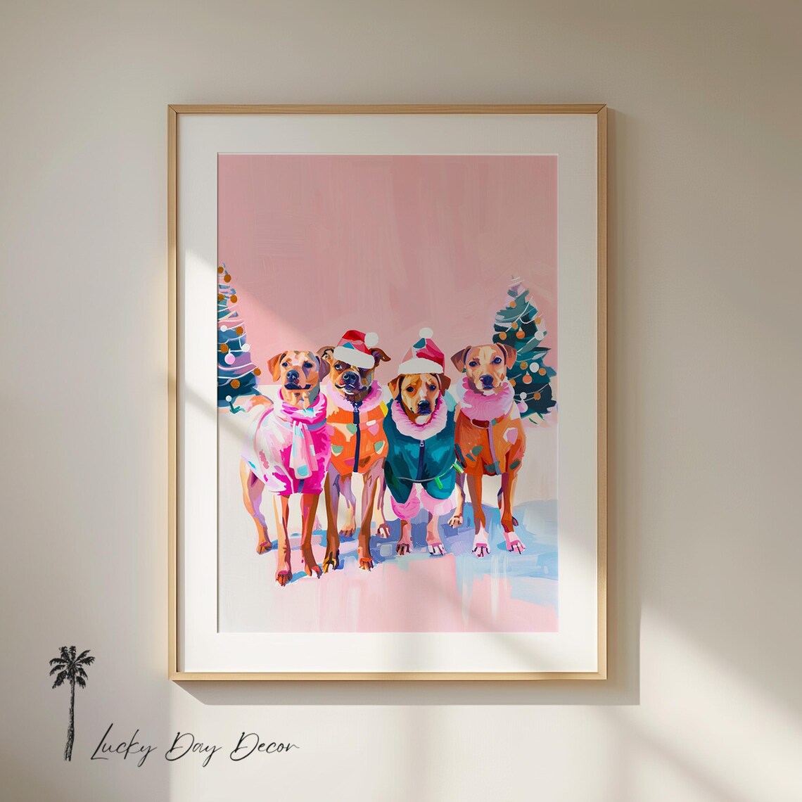Christmas Pastel Dogs In Festive Coats, Art Print