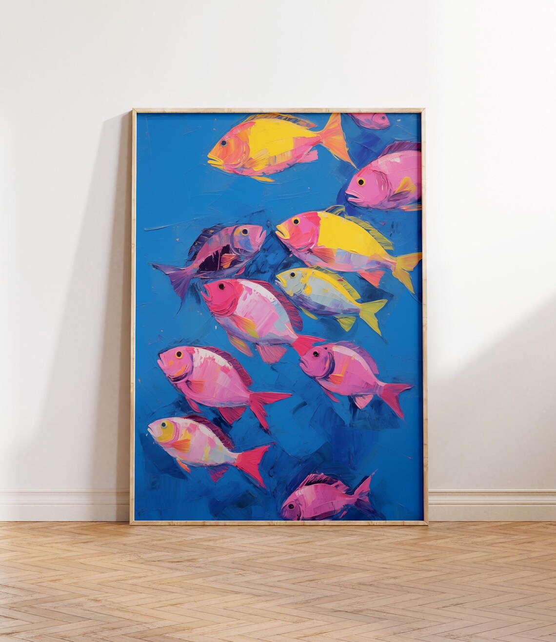 Colorful School of Tropical Fish in Pink and Yellow on Blue Poster
