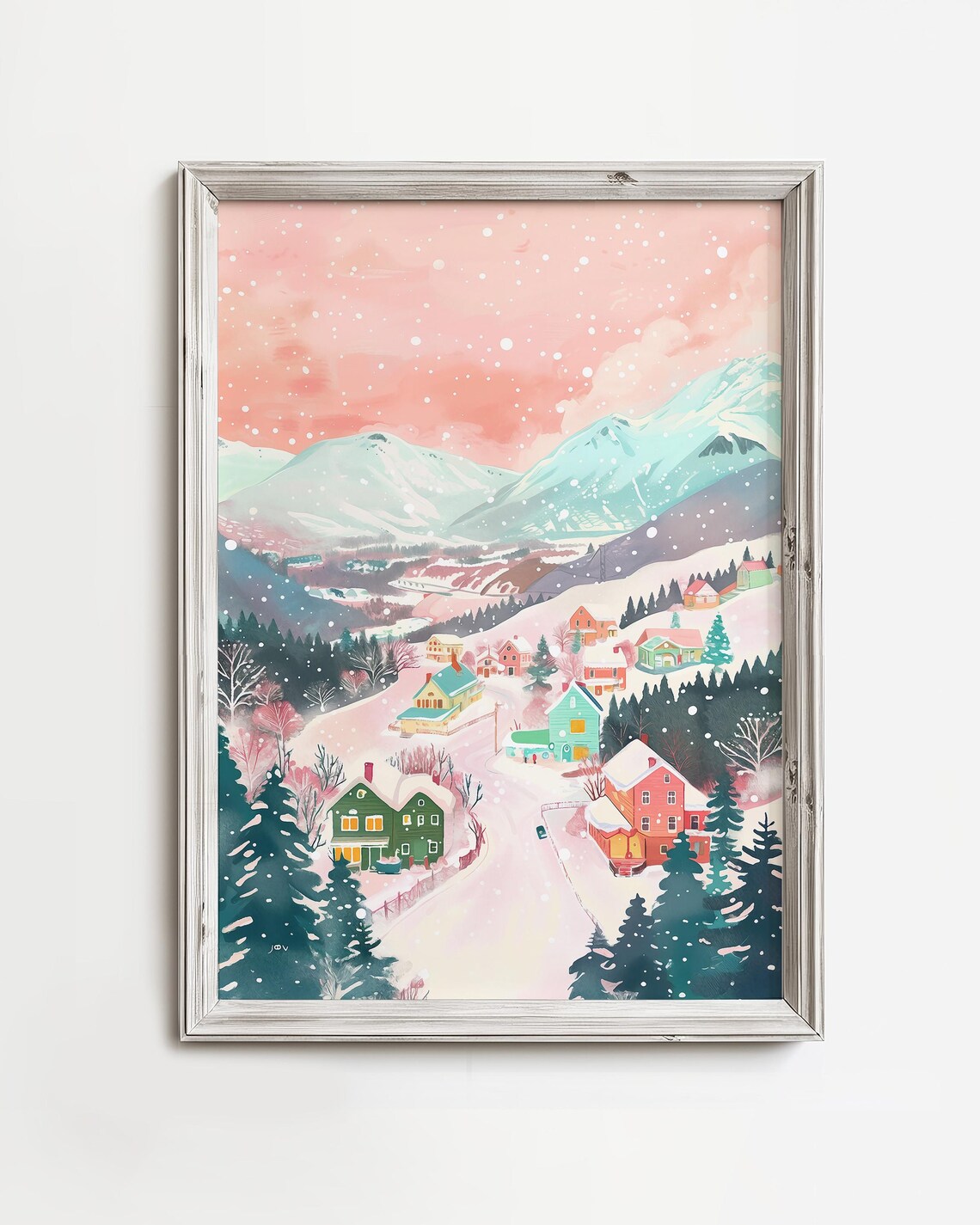 Pastel Pink Snowy Mountain Village Nostalgic Winter Painting Poster