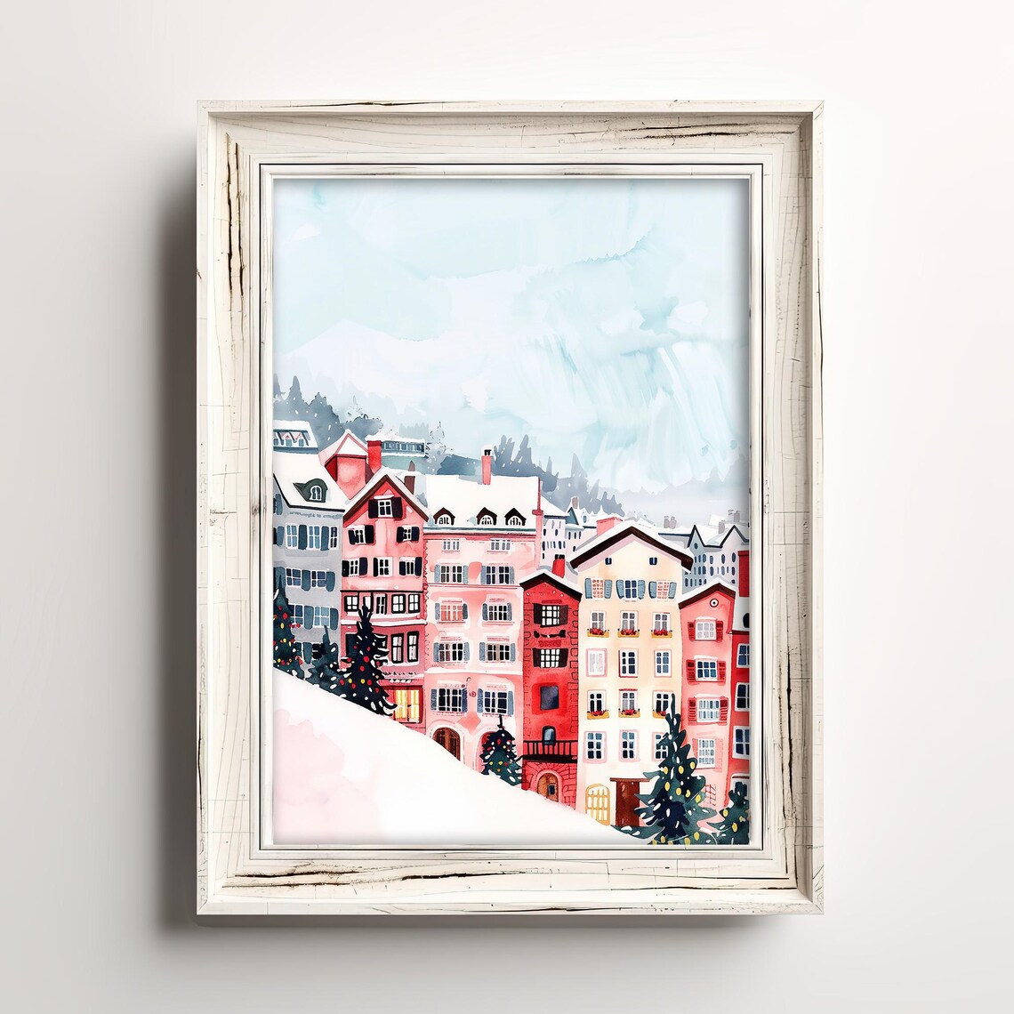 Charming Snowy Red Village Watercolor Winter Holiday Town Poster