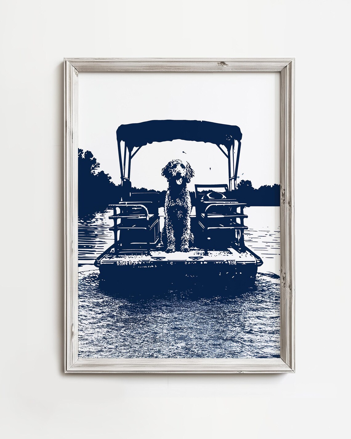 Doodle Dog Pontoon Boat Ride Navy Coastal Wall Art for Dog Lovers