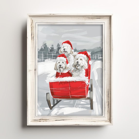 Three Fluffy Dogs in Santa Hats Red Sleigh Christmas Dog Print