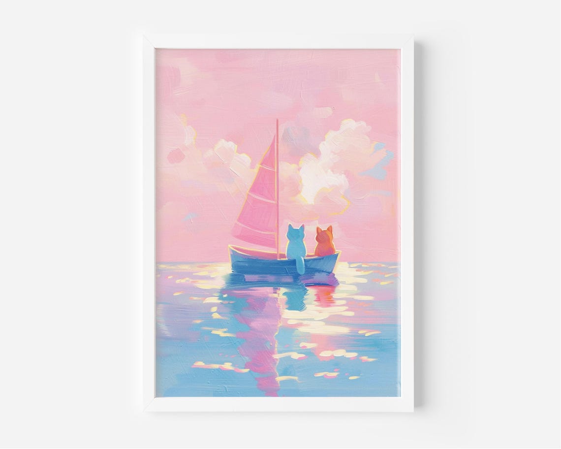 Two Cats Sailing Pink Sunset Pastel Ocean Dreamy Sailboat Poster