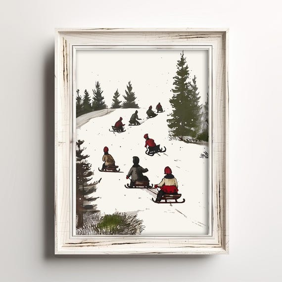 Sledding Down Hill Childrens Vintage Christmas Farmhouse Sketch Holiday Wall Decor Winter Season Nursery Art