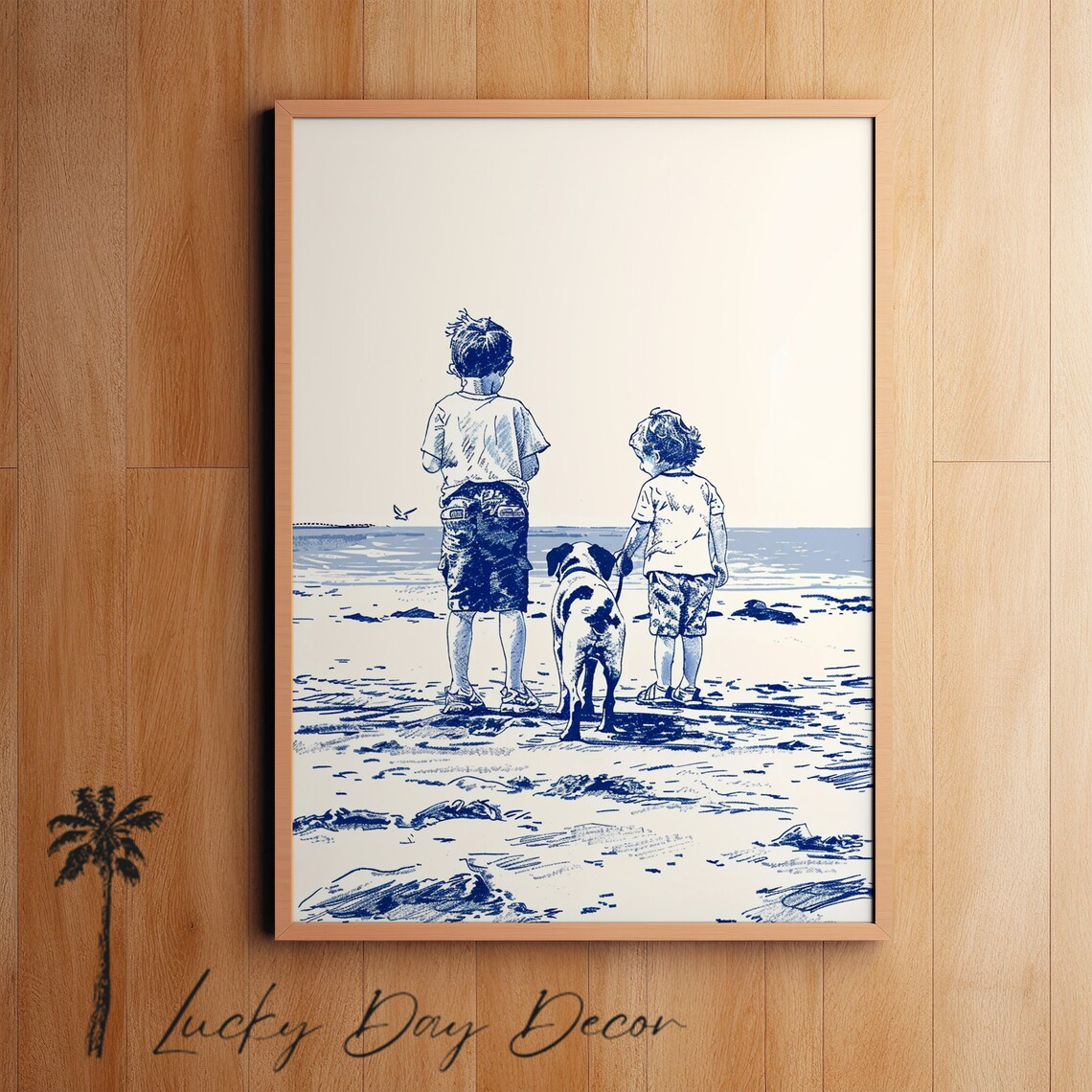 Two Boys And Their Dog At The Beach Blue Line Art Coastal Kids Poster