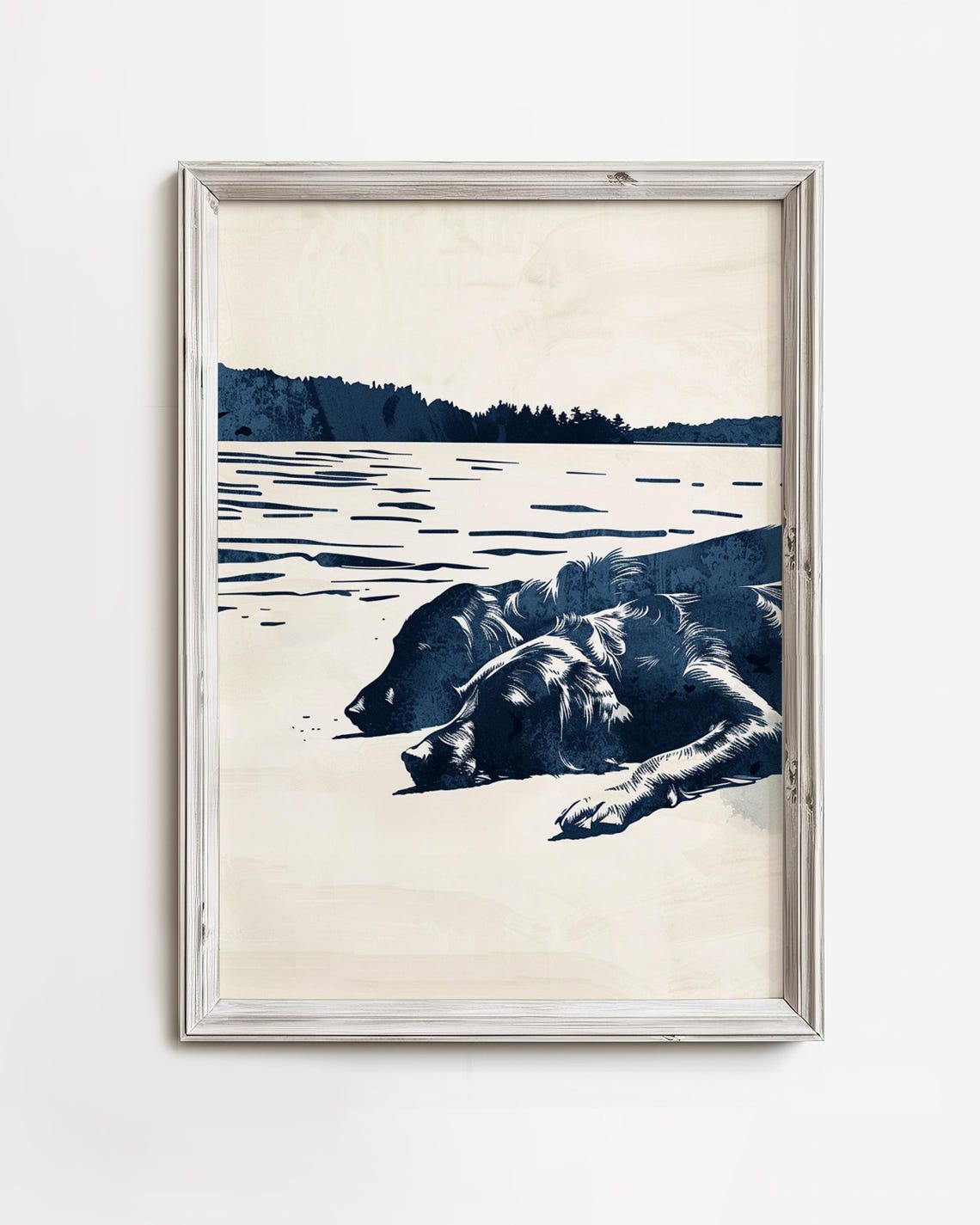 Two Dogs Resting on Lakeshore Navy Duotone Canine Art Poster