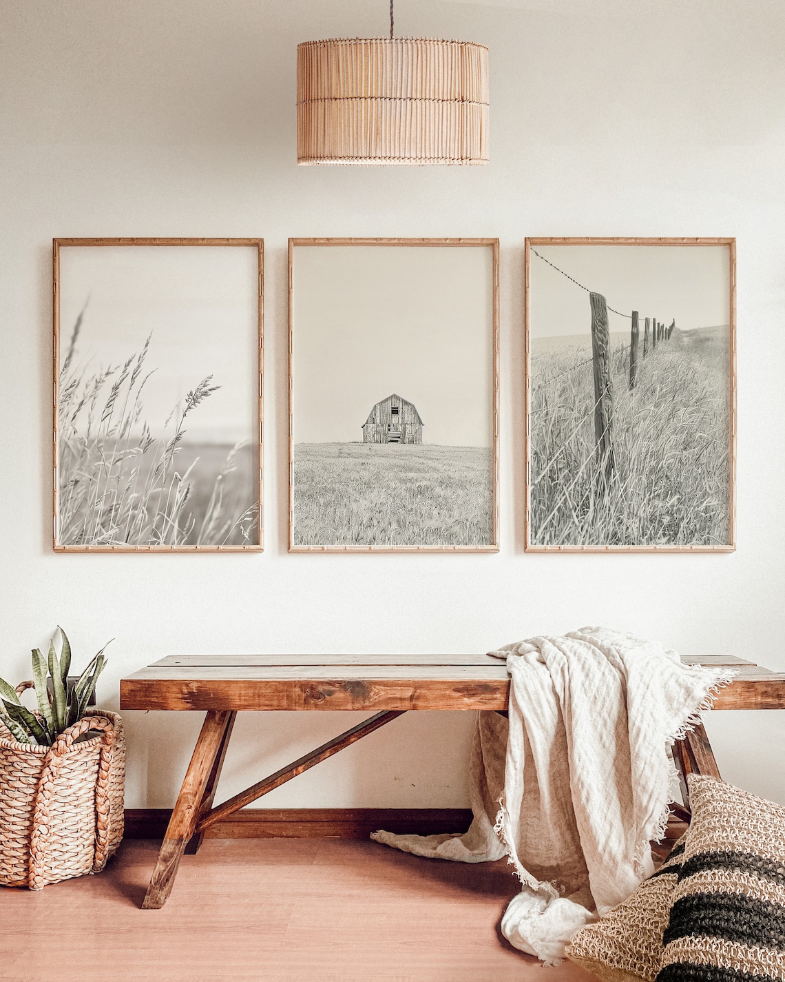 Barn Wheat Field Fence Rustic Set of 3 Black and White Farm Wall Art