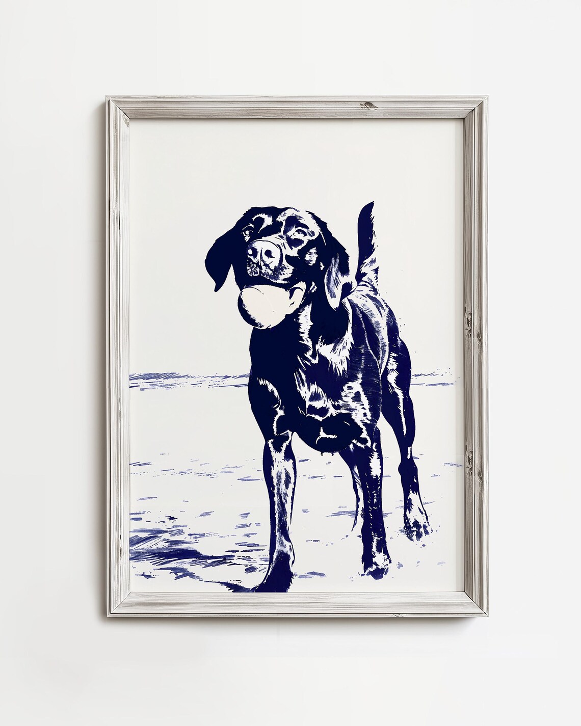 Labrador Fetching Tennis Ball Navy Beach Dog Sketch Summer Poster