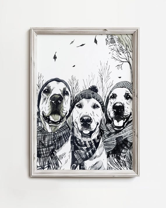 Bundled Up Dogs Whimsical Festive Fall Dog Adorable Lovers Print Autumn Season Wall Decor Dark Brown Sketch