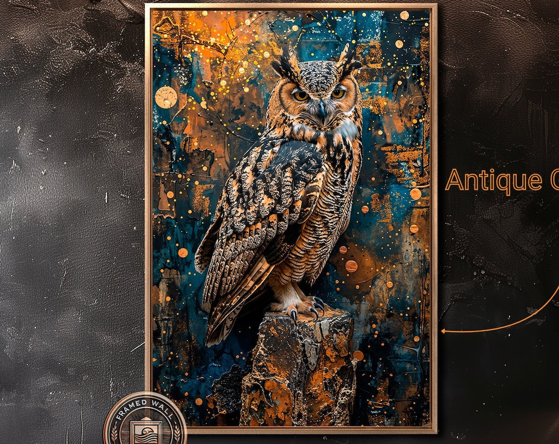 Great Horned Owl Perched On Stump In Teal And Gold Abstract Poster