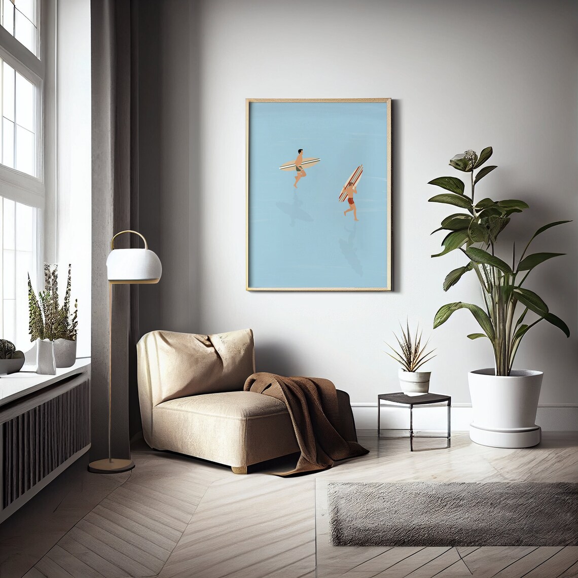 Surfers Wading Blue Water Boards Minimalist Calm Ocean Art Poster - Image 3