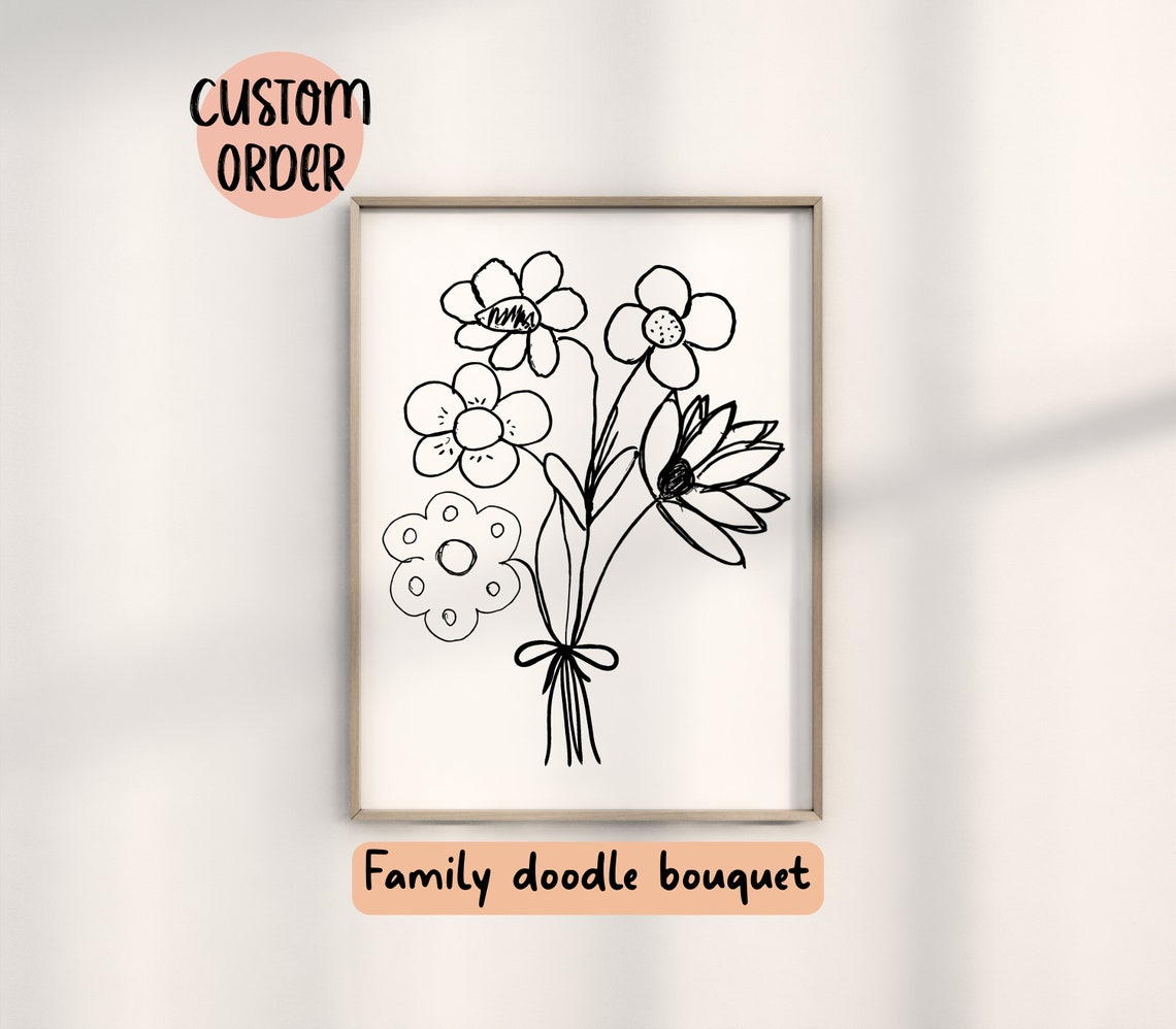 Doodle Flower Bouquet Childlike Line Art Black White Fun Poster - Image 2