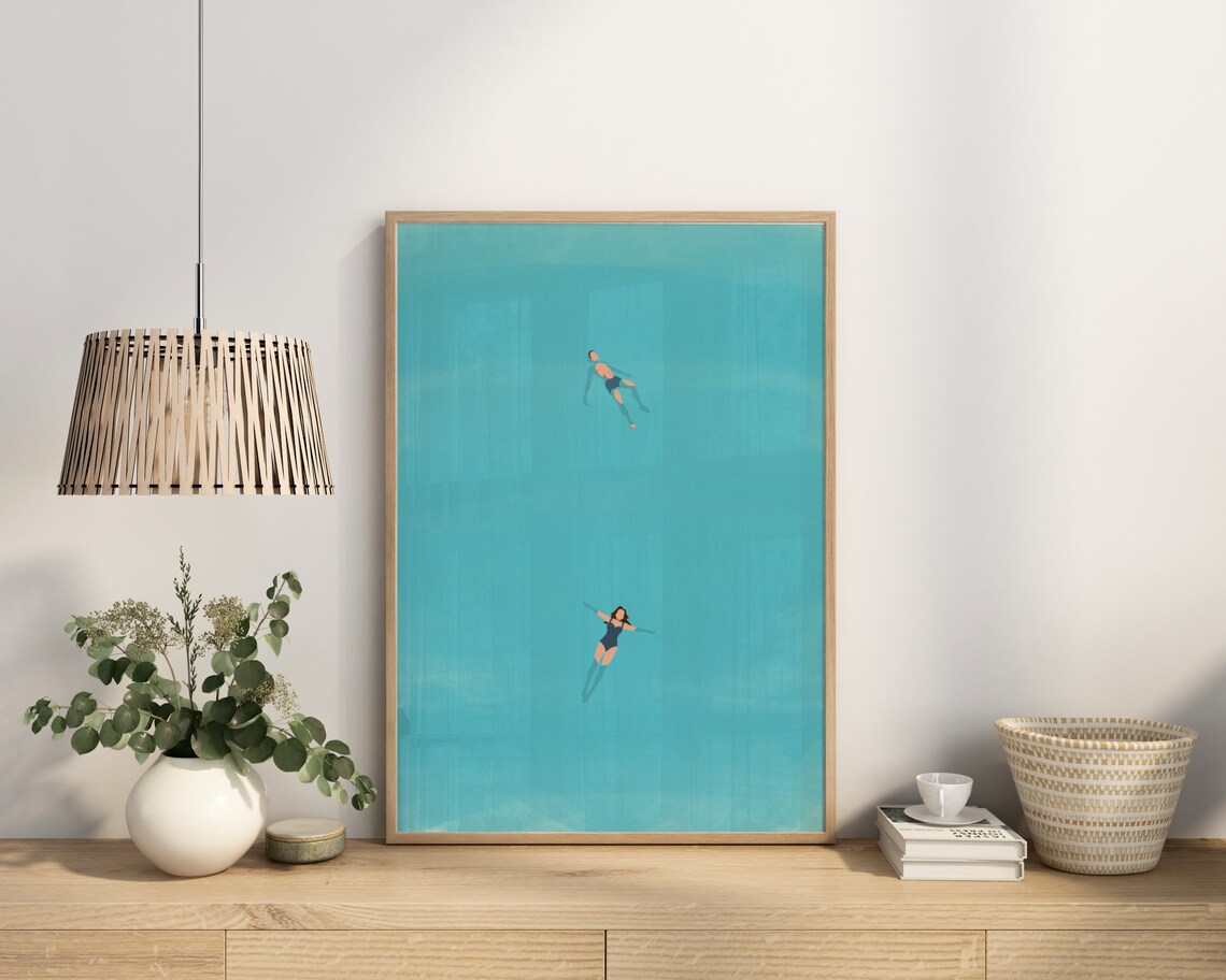 Man and Woman Floating in Pool Art Print, Cool Summer - Image 2