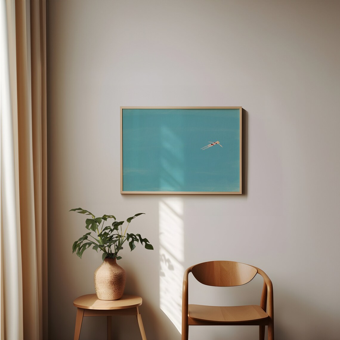 Blonde Girl Floating In Pool, Minimalist Pool House Print - Image 4