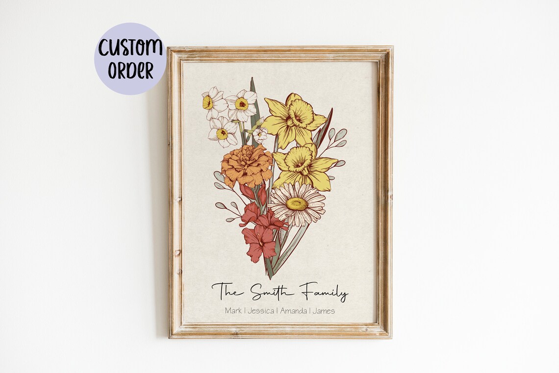 Birth Flower Family Bouquet Gift For Mom Poster