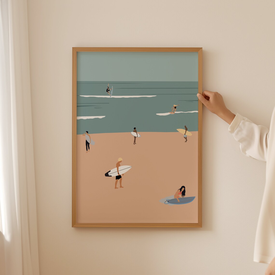 Surfers At Beach Minimalist Poster, Beach House Decor