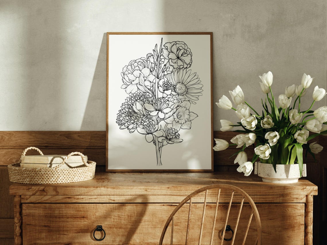 Monochrome Floral Bouquet Line Drawing Roses Daisies Botanical Poster - Image 4