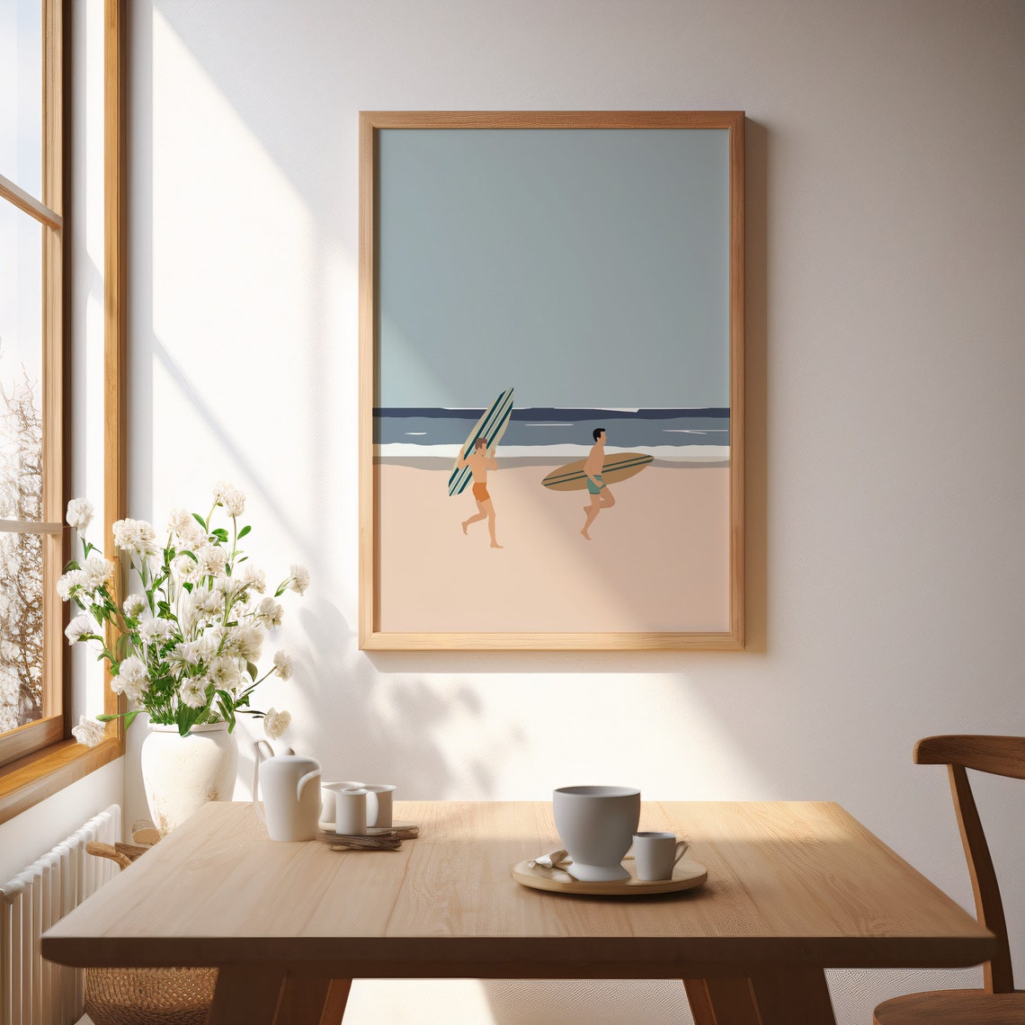Two Surfers Running Beach Boards Minimalist Summer Ocean Poster - Image 2