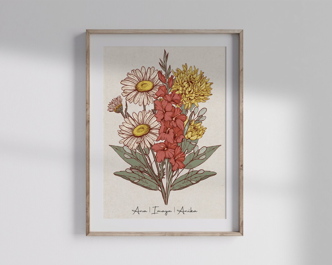 Personalized Vintage Bouquet Birth Flower Family Name Art Poster - Image 4