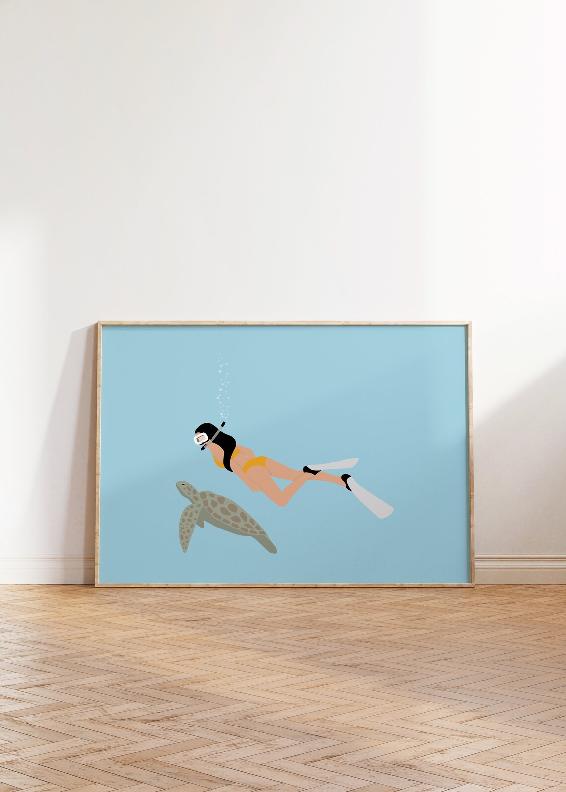 Woman Snorkeling With Sea Turtle Minimalist Ocean Swim Art Poster - Image 4