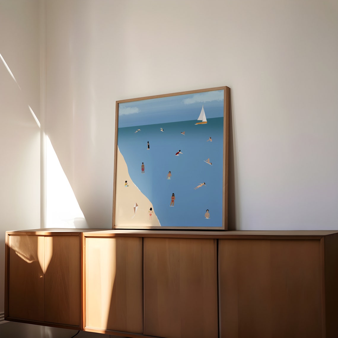 Tiny Swimmers Beach Day Minimalist Ocean Scene Sailboat Kite Poster - Image 2
