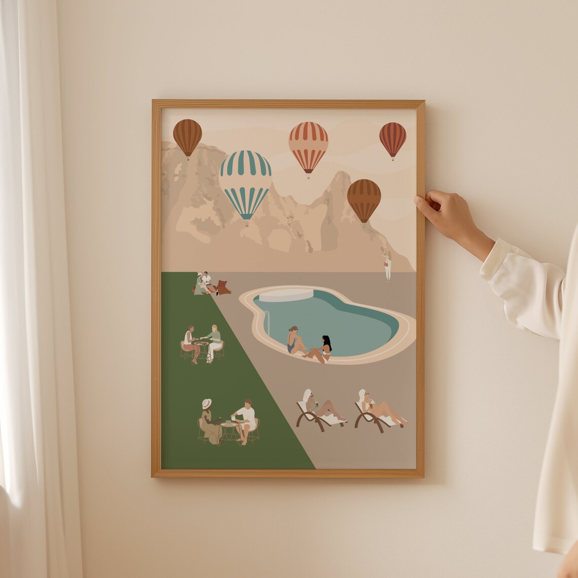 Hot Air Balloons Resort Pool Desert Minimalist Travel Art Poster