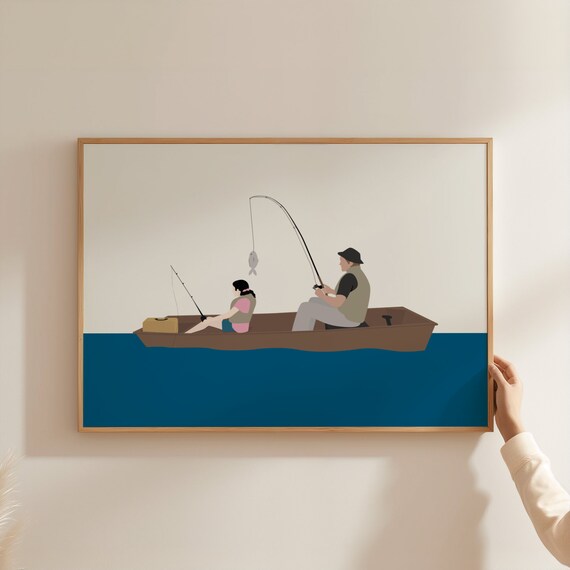 Father Child Fishing Boat Day Minimalist Lake Scene Art Poster