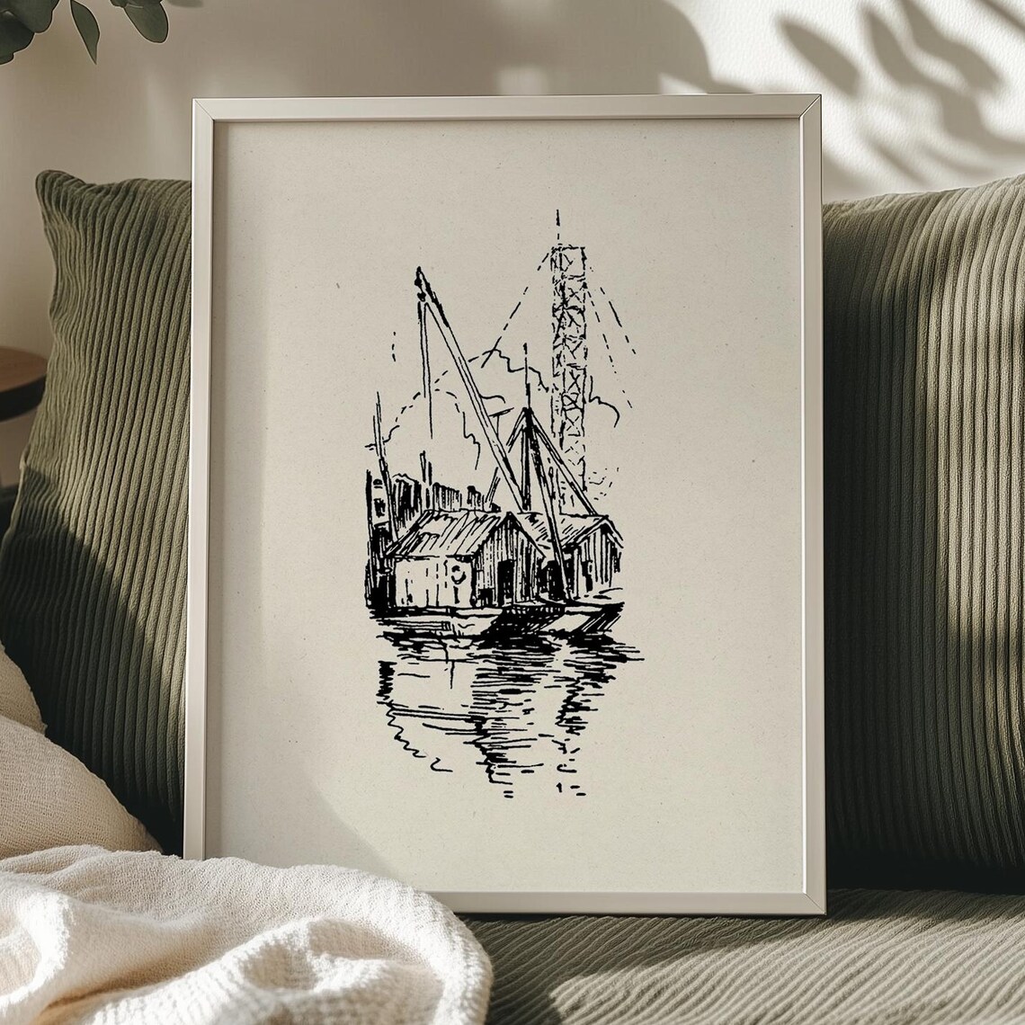 Hand Drawn Ink Harbor Sketch Boats And Lighthouse Coastal Wall Art