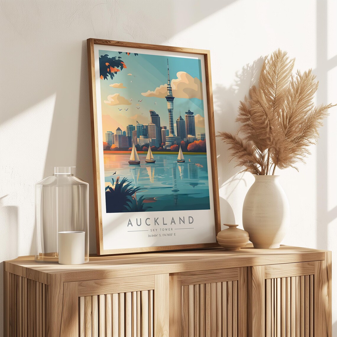 Auckland New Zealand Sky Tower Harbor Sailboats Sunset View Poster - Image 3
