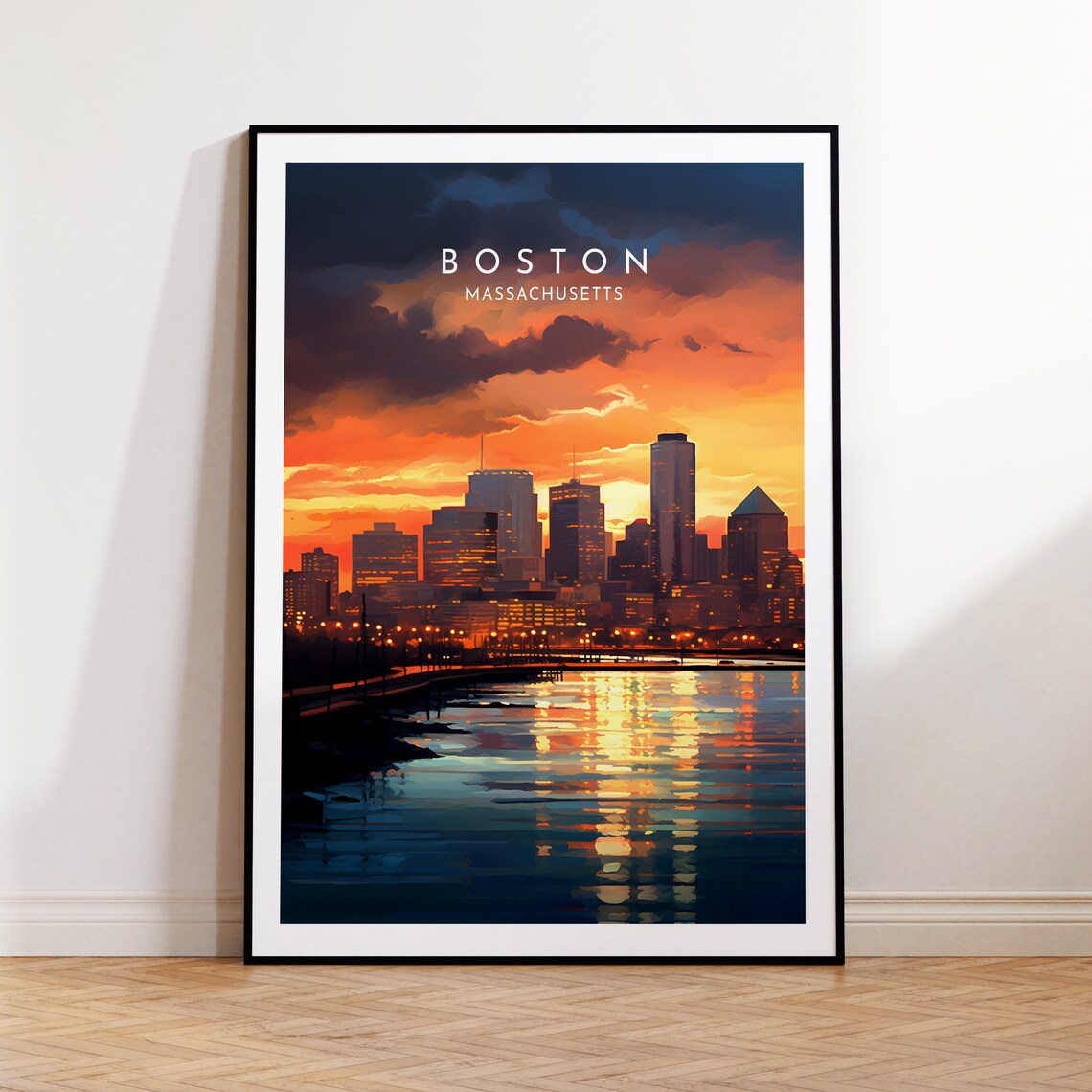 Boston Massachusetts Harbor Skyline Sunset City Travel Poster